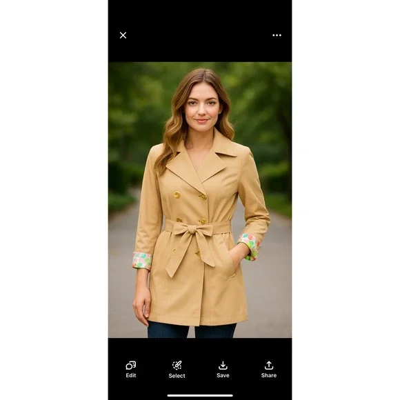 Lilly Pulitzer Womens Qynn Tan Gold Button Belted Trench Coat Size XL Classic - Picture 9 of 9